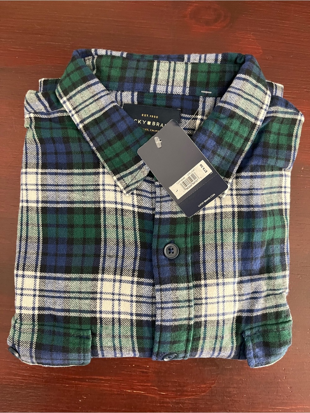 Lucky Brand Men’s L Blue Green Plaid Stretch Flannel Shirt Lightweight $80 New